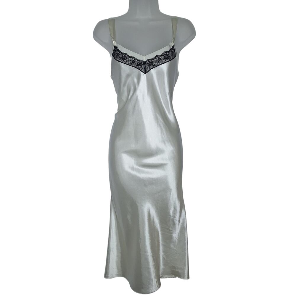 Y2K Satin Bias Cut Slip Dress Midi Lace XS Morgan Taylor Bridal White Black